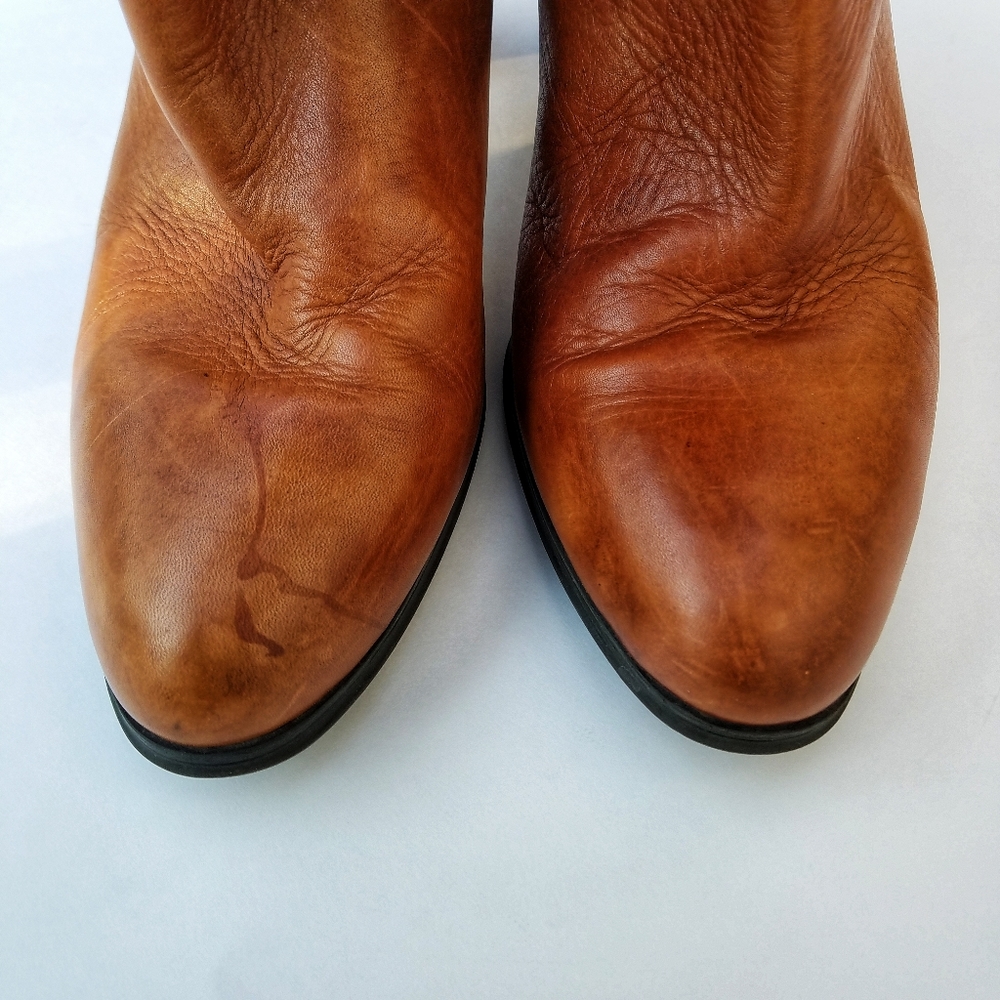 Y2K Brown leather stack heel slip on knee boots boho - Picture 3 of 8